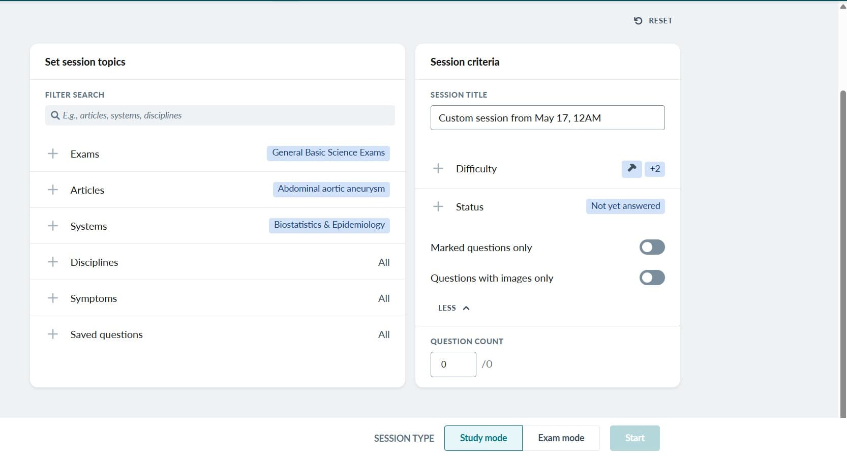 Sub-topic drill-down with a practice session configured for a specific topic
