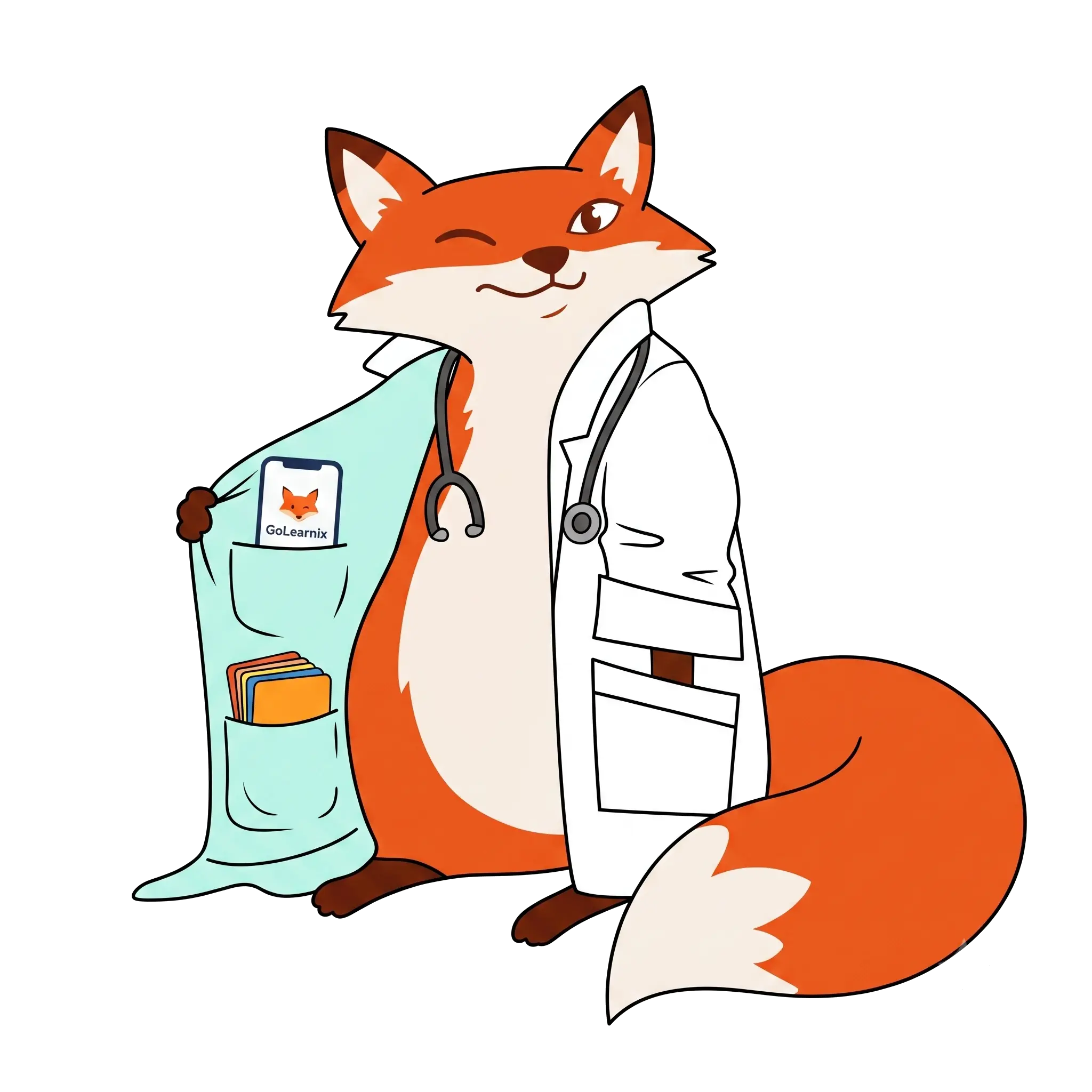 Fox in a doctor's coat revealing the GoLearnix app and flashcards