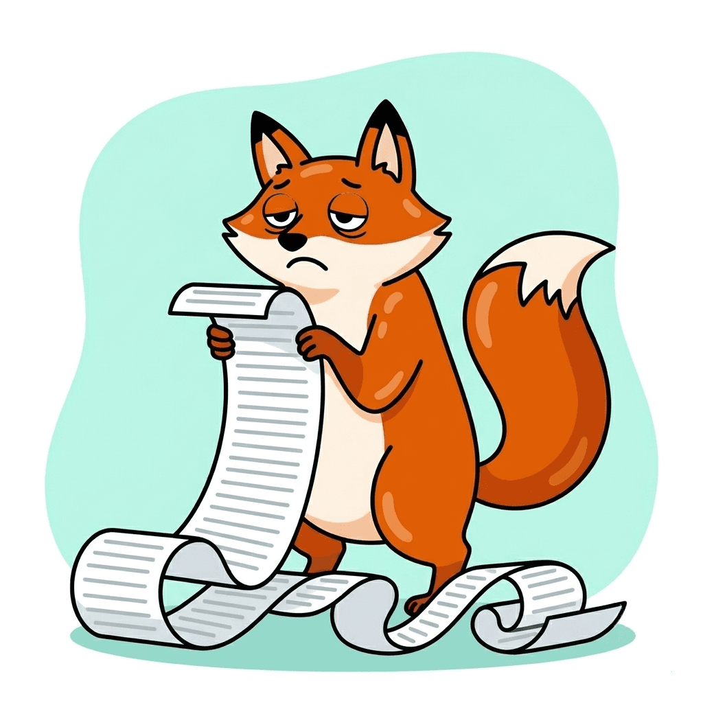 Overwhelmed fox reading an endless syllabus scroll